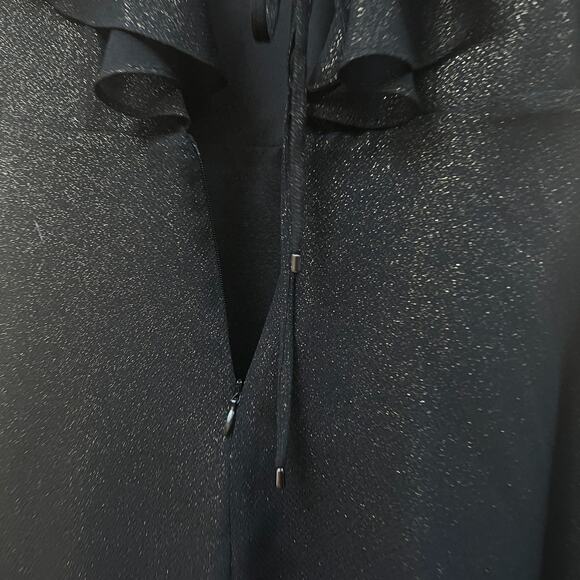 H Halston Black Gold Shimmer Ruffle Flutter Sleeve Dress Cocktail Party LBD 0 - Picture 10 of 14